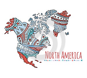 Painted map of North America. Doodle vector continent.