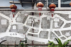 painted map of talat noi chinatown area in bangkok thailand