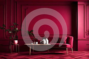 Painted mockup wall for art - crimson red burgundy colour. Template modern room design interior luxury home