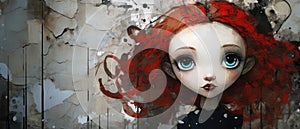 Painted mural of a pretty young girl with vibrant red hair and captivating eyes- generative AI