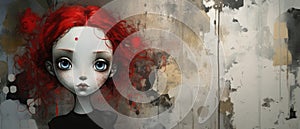 Painted mural of a pretty young girl with vibrant red hair and captivating eyes- generative AI