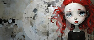 Painted mural of a pretty young girl with vibrant red hair and captivating eyes- generative AI