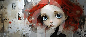 Painted mural of a pretty young girl with vibrant red hair and captivating eyes- generative AI