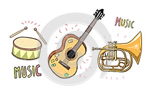 Painted musical instruments - drums, guitar and trumpet. In a light sketch style