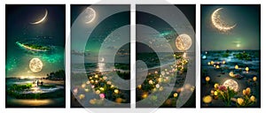 painted night landscape. set of backgrounds with stars, moon, flowers and sea