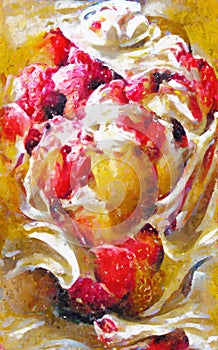 Painted oil picture with ice cream and various fruits