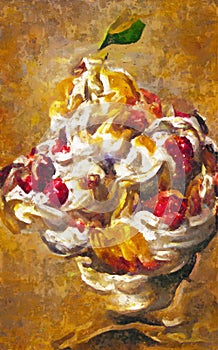 Painted oil picture with ice cream and various fruits