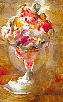 Painted oil picture with ice cream and various fruits