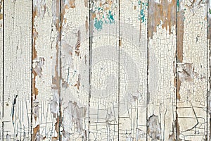 Painted old wooden planks background texture. White timber wall or weathered fence. Cracks in the paint