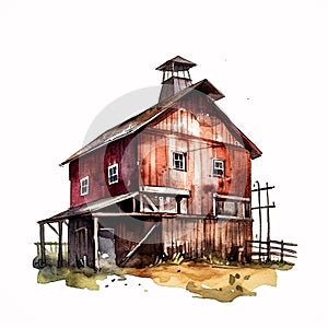 Painted Paradise: Vintage Western Barn Farm in Red and Watercolor. AI Generated