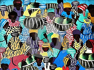 Painted picture of an abstract style on which people buy in the market and wear goods on their heads photo