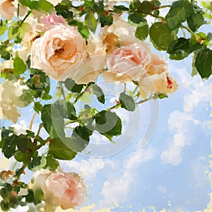 Painted picture with rose-tree and blue sky.