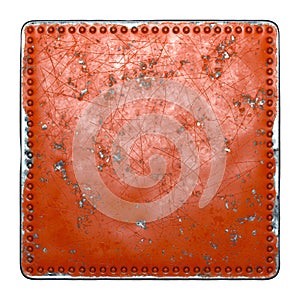 Painted red metal with rivets in the shape of a square in the center on white background. 3d