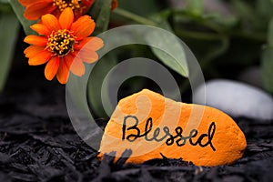 Painted rock that says, `blessed`, horizontal