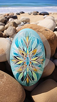 A painted rock sitting on top of a pile of rocks Colorful mandala on pebble, color dots and points in floral shape.