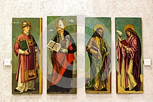 Painted Saints at the exhibition in the Castelvecchio Museum of the Castelvecchio Castello Scaligero fortress in Verona, Italy