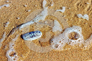 Painted sea pebbles on a summer beach in the oncoming wave.