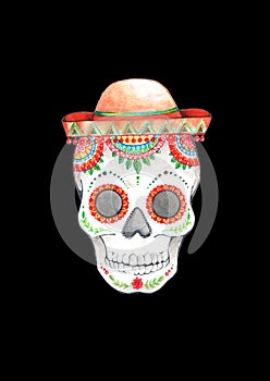 Painted skull pattern in Mexican style in sombrero