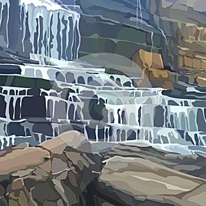 Painted stone wall with a multistage waterfall