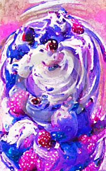 Painted sundae with cherries and blueberry ice cream. Whipped cream