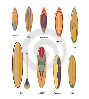 Painted Surfboards with Wooden Texture Set Surfers Equipment. Vector