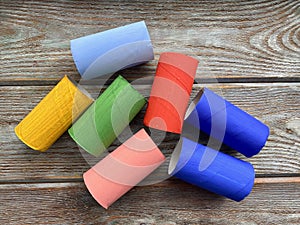 Painted toilet paper rolls, ready for children`s creativity