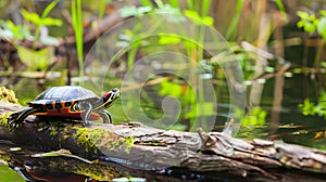 a painted turtle basking on a sun-drenched log in a leave