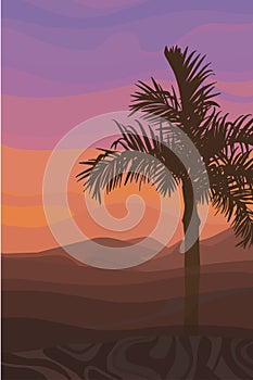 Painted valley background at sunset with palm tree