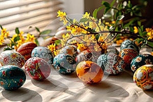 Painted and varnished Easter eggs drying on the windowsill.