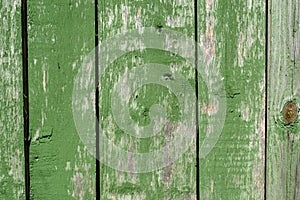 Painted vibrant green old faded wooden planking background with flaws