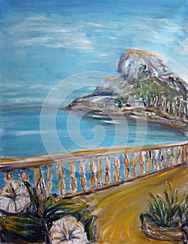 Painted view of the sea, rocky mountain with elegant fence