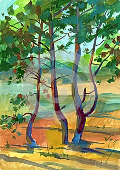 Painted watercolor landscape with a pine tree in the foreground
