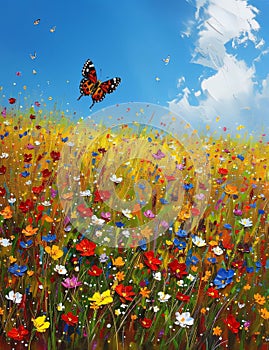 Painted with watercolor paints a field of colorful flowers and a flying butterfly. Flowering flowers, a symbol of spring, new life