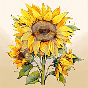 Painted with watercolor paints sunflowers on a bright background. Flowering flowers, a symbol of spring, new life