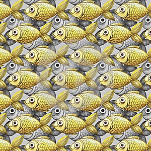 Painted watercolor seamless background, fish black and white with yellow fish, fine pattern