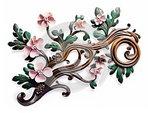 Painted wood carving effect pink and green floral design on white. Generative AI.