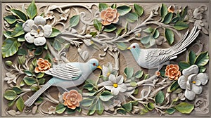 Painted wood plank carving, framed floral design with doves. Generative AI.