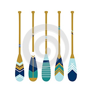 Painted wooden canoe Oar. Modern and contemporary coastal or beach decor. Set of paddles in blue colors. Vector illustration on