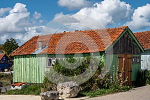 painted wooden fishermen\'s huts, Le Chateau-d\'Oleron, Oleron Island, Charente Maritime , Nouvelle-Aquitaine, France