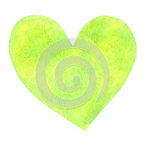 Painted yellow-green watercolor heart with granulation and paper texture photo