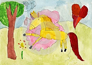 Painted yellow horse in pink perfume cloud