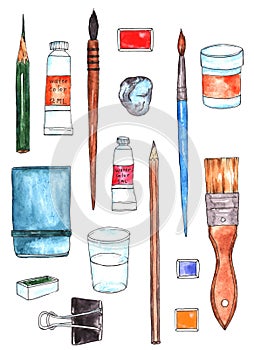 Painter art tools. Paint arts tool illustration, watercolor painting design artists supplies, painting brushes