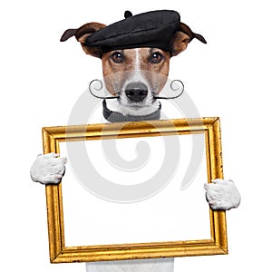 Painter artist frame holding dog