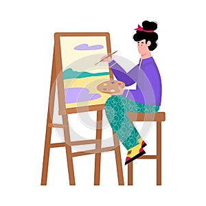 Painter artist woman painting on canvas cartoon vector illustration isolated.