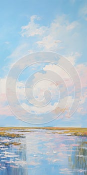 Minimalistic Landscape Painting: Water Over Sky In A Marsh