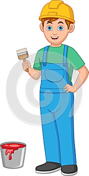 Painter With Brush And Bucket Paint Cartoon