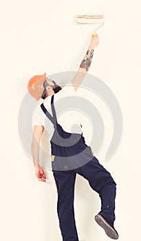 Painter, decorator, construction worker works in front of white wall, holds paint roller, white background. Man in
