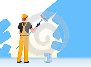 Painter decorator repairman people at work, holding paintbrush roller, painting wall