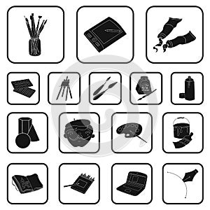 Painter and drawing black icons in set collection for design. Artistic accessories vector symbol stock web illustration.