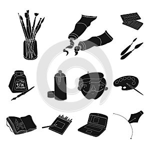 Painter and drawing black icons in set collection for design. Artistic accessories vector symbol stock web illustration.